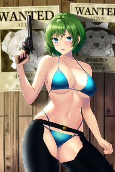 1girl alternate_breast_size bikini blue_bikini blue_bra blue_eyes blue_panties bra breasts chaps cleavage finger_on_trigger green_hair gun handgun highres holding holding_gun holding_weapon kawashiro_nitori kirisame_marisa large_breasts mattyakinako_(odango_imomushi) navel panties poster_(object) revolver shiki_eiki short_hair solo stomach swimsuit touhou underwear wanted_poster weapon