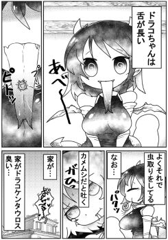 1girl breasts chikipoko demon_girl forked_tongue large_breasts long_tongue monochrome pointy_ears smile tongue tongue_out translation_request