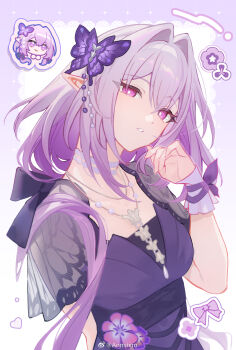 1girl alternate_costume animal_print annshiro76 back_bow bow bow_sticker bug butterfly butterfly_hair_ornament butterfly_print castorice_(honkai:_star_rail) character_sticker choker commentary dress flower_sticker hair_intakes hair_ornament hair_over_shoulder hand_up hashtag-only_commentary head_tilt heart highres honkai:_star_rail honkai_(series) insect jacket jewelry lace lace_choker long_hair necklace pink_eyes pointy_ears purple_bow purple_dress purple_hair pursed_lips sidelocks solo sticker symbol-only_commentary watermark weibo_watermark wrist_cuffs