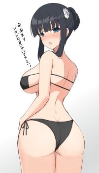 Rule 34 | 1girl, ass, ass focus, azur lane, bikini, black hair, blue eyes, blush, braid, braided bun, breasts, butt crack, eyepatch bikini, flower, from behind, grabbing own thigh, hair bun, hair flower, hair ornament, highres, hime cut, ikaruga (a moment of peace) (senran kagura), ikaruga (senran kagura), large breasts, long hair, looking at viewer, looking back, manjou (q tiwj), open mouth, senran kagura, senran kagura new link, side-tie bikini bottom, sideboob, simple background, solo, swimsuit, translated, untied bikini top