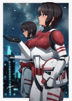 2girls armor artist_name brown_eyes brown_hair building clone_trooper clone_trooper_helmet commentary constellation english_commentary helmet highres hologram multiple_girls night outstretched_arm power_armor santa_claus short_hair skyline skyscraper snow snowing star_wars unworn_headwear unworn_helmet zxpfer