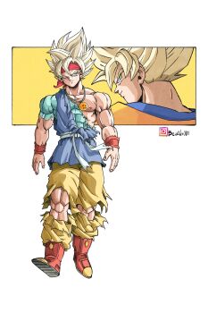 2boys absurdres beatlo_(rodrigo38658978) blonde_hair blue_shirt blue_tunic boots dougi dragon_ball dragon_ball_(object) dragon_ball_gt dragonball_z full_body headband highres male_focus multiple_boys muscular muscular_male one_eye_closed pants red_boots red_headband shirt solo_focus son_goku son_goku_jr. spiked_hair torn_clothes torn_pants torn_shirt torn_tunic tunic walking yellow_pants