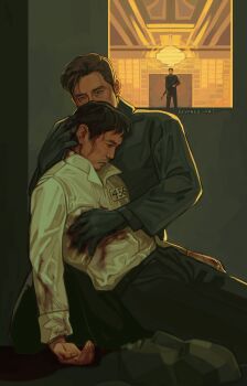 3boys absurdres backlighting beard_stubble black_eyes black_gloves black_shirt blank_stare blood blood_on_clothes blood_on_hands brown_hair chandelier collared_shirt facial_hair full_body gloves gun hand_on_another&#039;s_head hand_on_another&#039;s_stomach highres holding holding_gun holding_weapon hwang_in-ho hwang_jun-ho kneeling male_focus mask multiple_boys pool_of_blood rifle seong_gi-hun shirt skyfree_art sniper_rifle squid_game stubble weapon white_shirt wide-eyed