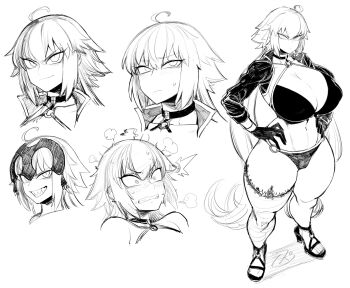 1girl puff_of_air @_@ ^^^ ahoge bare_shoulders bikini blush breasts choker cleavage clenched_teeth closed_mouth collarbone commentary_request multiple_expressions fate/grand_order fate_(series) from_above full_body gloves greyscale grin hair_between_eyes hands_on_own_hips headpiece high_collar high_heels highres huge_breasts jeanne_d&#039;arc_alter_(swimsuit_berserker)_(fate) jeanne_d&#039;arc_(fate) jeanne_d&#039;arc_alter_(fate) jeanne_d&#039;arc_alter_(swimsuit_berserker)_(fate) long_hair long_sleeves looking_at_viewer monochrome navel nose_blush o-ring o-ring_bikini o-ring_bottom o-ring_top sandals sharp_teeth shrug_(clothing) sidelocks signature single_thighhigh sketch smile spacezin standing stomach surprised sweat sweatdrop swimsuit teeth thick_thighs thighhighs thighs tsurime v-shaped_eyebrows very_long_hair wide_hips