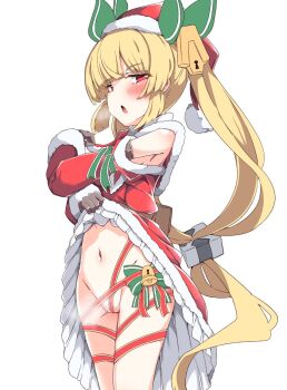 1girl alternate_form bell black_gloves blonde_hair blunt_bangs blush christmas_ornaments clothes_lift cosmic_break dress dress_lift feuille_vert feuille_xmas fur-trimmed_dress fur_trim gloves hair_ornament hat highres keyhole long_hair looking_at_viewer navel open_mouth red_eyes red_ribbon ribbon santa_costume santa_dress santa_hat sidelocks twintails very_long_hair yuka_danbow