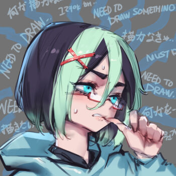 1girl artist_self-insert biting_own_finger black_hair blonde_hair english_text grey_hoodie hair_ornament highres hood hood_down hoodie original phantom_ix_row short_hair solo x_hair_ornament