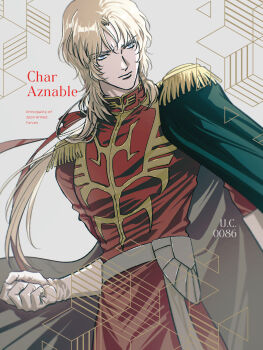 1boy absurdres alternate_hair_length alternate_hairstyle belt black_cape blonde_hair blue_eyes cape char_aznable character_name clenched_hand closed_mouth coat commentary_request epaulettes gloves grey_belt gundam hair_ribbon halcyon_(gugfuggugfug) hand_up high_collar highres long_hair long_sleeves looking_ahead low_ponytail male_focus military_uniform mobile_suit_gundam ponytail red_coat red_ribbon ribbon science_fiction serious solo white_belt white_gloves zeon