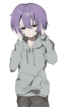 1girl androgynous brown_pants expressionless grey_hoodie hands_on_own_head highres hood hoodie pants purple_eyes purple_hair short_hair simple_background solo utane_uta utau uuuuua07 white_background