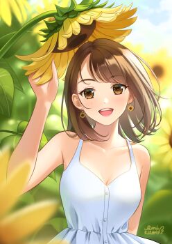 1girl :d arm_behind_back bare_shoulders blurry blurry_background blush breasts brown_eyes brown_hair cleavage collarbone day depth_of_field dress earrings eyelashes flower flower_earrings hand_up highres jewelry lilia_creative looking_at_viewer medium_breasts medium_hair open_mouth original outdoors revision round_teeth sleeveless sleeveless_dress smile solo summer sundress sunflower teeth upper_body upper_teeth_only white_dress