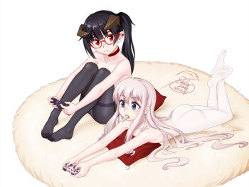 Rule 34 | 2girls, black hair, black pantyhose, blonde hair, blue eyes, controller, feet, game controller, glasses, highres, horns, light blush, lollipop in mouth, long hair, looking at viewer, lying, multiple girls, on stomach, open mouth, original, panties, panties under pantyhose, pantyhose, pantyshot, pointy ears, red eyes, side ponytail, soles, stellarxiela2, toes, topless female, underwear, white background, white pantyhose