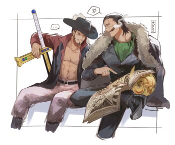 ... 2boys anger_vein ascot bare_pectorals beard black_cape black_hat black_jacket buggy_the_clown cape chinstrap_beard cigar collarbone commentary_request crocodile_(one_piece) dracule_mihawk facial_hair fur-trimmed_cape fur_trim green_ascot grey_pants hat highres hook_hand jacket magazine_(object) male_focus multiple_boys mustache ngumngim one_piece open_clothes open_jacket pants pectorals smoking spoken_anger_vein spoken_ellipsis sword veiny_face weapon