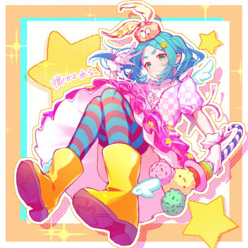 Rule 34 | 1girl, :3, absurdres, aqua eyes, aqua hair, boots, checkered clothes, commentary request, convenient censoring, convenient leg, dress, food, frilled dress, frilled gloves, frills, from below, gloves, googly eyes, hat, highres, holding, holding staff, ice cream, magical girl, medium hair, monogatari (series), multicolored squares background, ononoki yotsugi, orange hat, orokamonogatari, pink dress, pink ribbon, ribbon, rubber boots, solo, staff, star (symbol), striped clothes, striped thighhighs, thick eyebrows, thighhighs, translation request, twintails, uda yuda ru, upskirt, v, white gloves, wrist ribbon, yellow boots