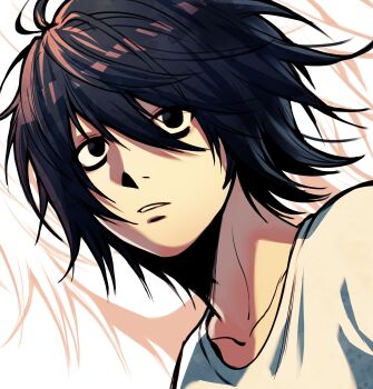 1boy absurdres bags_under_eyes black_eyes black_hair closed_mouth collarbone commentary death_note english_commentary hair_between_eyes highres l_(death_note) male_focus nifast_(greentail) portrait shirt short_hair solo white_shirt