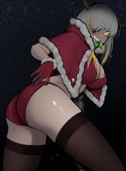 antlers black_thighhighs bra braid breasts christmas commentary darkpulsegg english_commentary evil_smile eyepatch fur-trimmed_gloves fur-trimmed_jacket fur_trim girls'_frontline gloves highres horns jacket large_breasts long_hair looking_at_viewer m16a1_(boss)_(girls'_frontline) m16a1_(girls'_frontline) merry_christmas mole mole_under_eye multicolored_hair open_mouth red_bra red_gloves red_jacket reindeer_antlers santa_costume scar scar_across_eye scar_on_face sky smile solo star_(sky) thighhighs underwear white_hair yellow_eyes