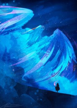 1girl artist_name black_cloak burning cloak creature dutch_angle feathered_wings from_behind full_body glowing glowing_eyes holding holding_staff medium_hair mountain night original outdoors painterly shaped_cloud signature sky solo staff standing star_(sky) starry_sky torch wavy_hair wings zandra