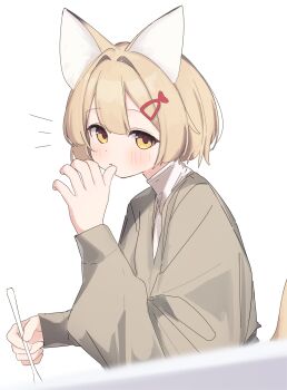 1girl :t absurdres animal_ears brown_hair brown_sweater cat_ears cat_girl cat_tail closed_mouth commentary eating hair_intakes hair_ornament hand_up highres holding_utensil long_sleeves looking_at_viewer notice_lines original puffy_long_sleeves puffy_sleeves riya_(01214) shirt short_hair simple_background solo sweater symbol-only_commentary tail turtleneck upper_body white_background white_shirt yellow_eyes