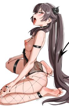 1girl absurdres arm_strap barefoot black_choker black_horns black_nails blush breasts choker commentary commission demon_girl demon_horns demon_tail english_commentary feet fishnet_pantyhose fishnets genshin_impact hair_spread_out highres horns hu_tao_(genshin_impact) kneeling long_hair looking_at_viewer nipples pantyhose red_eyes single_leg_pantyhose sitting skindentation skull_ring small_breasts soles tail thigh_strap thighs toes tongue tongue_out twintails very_long_hair waligner wariza