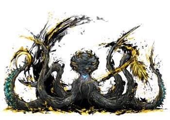 Rule 34 | absurdres, black skin, catherine5884, claws, colored skin, highres, monster, monster hunter (series), monster hunter wilds, no humans, octopus, solo, tentacles, white background, xu wu (monster hunter), yellow claws