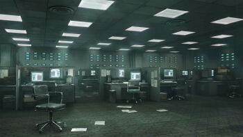 Rule 34 | absurdres, binder, box, cardboard box, carpet, ceiling, ceiling light, chair, computer keyboard, concept art, crt, cubicle, denchou, desk, highres, indoors, monitor, no humans, office, office chair, original, paper, scenery, swivel chair, trash can