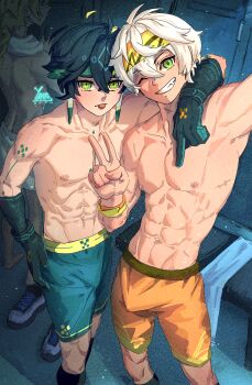 3boys :p abs aether_(genshin_impact) ahoge arm_around_neck arm_tattoo arm_up armpits artist_name bench bennett_(genshin_impact) blonde_hair braid bulge changing_room chest_tattoo crossed_bangs fang genshin_impact gloves green_eyes green_hair grey_hair grin hair_between_eyes hand_on_own_hip hands_up head_tilt headband highres kinich_(genshin_impact) legs_apart locker locker_room male_focus middle_finger more_muscular_than_canon multicolored_eyes multicolored_hair multiple_boys navel nipples one_eye_closed orange_eyes pectorals scar scar_on_chest shoes shorts smile socks standing stomach tattoo toned toned_male tongue tongue_out topless_male towel towel_around_neck towel_around_waist two-tone_eyes unworn_shoes v yanayaa_a