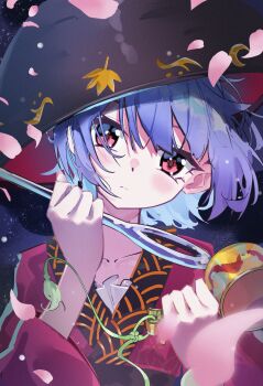 Rule 34 | 1girl, absurdres, bowl, bowl hat, chinese commentary, closed mouth, collarbone, commentary request, diving penguin, falling petals, hat, highres, holding, holding mallet, japanese clothes, kimono, long sleeves, looking at viewer, mallet, needle sword, obi, petals, pink kimono, pink petals, purple hair, sash, solo, sukuna shinmyoumaru, touhou, wide sleeves