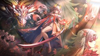 1girl absurdres bare_legs bare_shoulders breasts colored_eyelashes commentary_request detached_sleeves dragon dress eastern_dragon eastern_dragon_horns floating floating_object floating_sword floating_weapon flower hair_flower hair_ornament highres horns hwaryong jinhsi_(peach_blossom)_(wuthering_waves) jinhsi_(wuthering_waves) jue_(wuthering_waves) korean_commentary legs looking_at_viewer low_twintails official_alternate_costume pink_dress pink_eyes pink_flower small_breasts solo sword twintails weapon white_eyelashes white_hair wuthering_waves yellow_horns