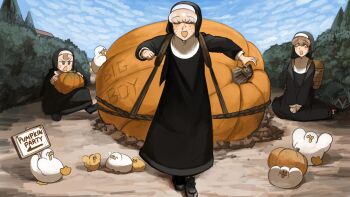 3girls :d baby_animal basket bird black_shoes brown_hair bush chicken commentary diva_(hyxpk) duck duckling english_commentary freckles froggy_nun_(diva) grey_hair highres holding holding_sign little_nuns_(diva) multiple_girls nose_bubble nun open_mouth outdoors pumpkin sheep_nun_(diva) shoes shy_nun_(diva) sign sky smile strong sweat traditional_nun tree triangle_mouth