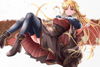 1girl black_choker black_thighhighs blonde_hair boots breasts brown_boots brown_dress choker closed_mouth commentary_request dress fate_testarossa high_heels highres large_breasts long_hair looking_at_viewer lyrical_nanoha mahou_shoujo_lyrical_nanoha_strikers red_eyes solo sougetsu_izuki thighhighs very_long_hair