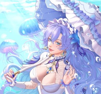 1girl air_bubble alientomoe blue_eyes breasts bubble cantarella_(wuthering_waves) cleavage cleavage_cutout clothing_cutout dress earrings fish frilled_umbrella frills highres holding holding_umbrella jellyfish jewelry large_breasts long_hair mark_under_eye purple_hair purple_nails purple_umbrella red_lips solo umbrella underwear upper_body very_long_hair white_dress wuthering_waves