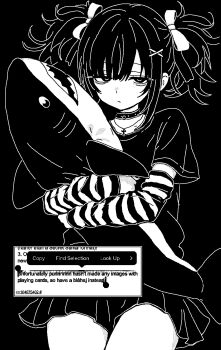 1girl absurdres bags_under_eyes black_background black_shirt black_skirt bow choker closed_mouth cross cross_necklace detached_sleeves english_text greyscale hair_between_eyes hair_bow hair_ornament highres holding holding_stuffed_toy hug hugging_doll hugging_object ikea_shark jewelry looking_at_viewer medium_hair messy_hair monochrome necklace original puriririririri shark shirt simple_background skirt stuffed_animal stuffed_shark stuffed_toy t-shirt thighs