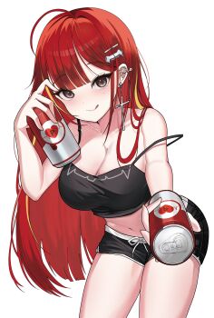 1girl absurdres ahoge akane_lize black_camisole black_shorts breasts camisole can cleavage closed_mouth commentary_request cowboy_shot crop_top cross cross_earrings drawstring drink_can earrings eldaga grey_eyes hair_intakes hair_ornament hairclip hand_up highres holding holding_can jewelry korean_commentary large_breasts leaning_forward long_hair looking_at_viewer midriff multicolored_hair navel reaching reaching_towards_viewer red_hair short_shorts shorts simple_background smile solo spaghetti_strap standing stellive straight_hair strap_slip streaked_hair tongue tongue_out very_long_hair virtual_youtuber white_background wispy_bangs