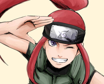 1girl :d bad_id bad_pixiv_id forehead_protector grin long_hair looking_at_viewer naruto:_road_to_ninja naruto_(classic) naruto_(series) naruto_shippuuden one_eye_closed open_mouth pinoko_(pnk623) ponytail purple_eyes red_hair salute short_sleeves simple_background smile solo teeth uzumaki_kushina v-shaped_eyebrows vest yellow_background