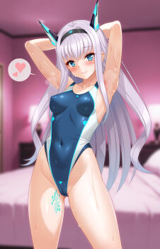 Rule 34 | 1girl, absurdres, arms up, blue eyes, breasts, cameltoe, collarbone, commentary request, commission, competition swimsuit, covered erect nipples, covered navel, cygnus (cygnus7), dodonpachi, dodonpachi saidaioujou, donpachi (series), gluteal fold, hairband, highleg, highres, indoors, long hair, looking at viewer, maria (saidaioujou), medium breasts, one-piece swimsuit, pixiv commission, solo, standing, swimsuit, thighs, variant set, white hairband