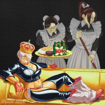 angel_(kof) backless_pants blue_eyes bombsahoy boots bra breasts capcom chaps chun-li cleavage commentary cowboy_boots crop_top cropped_jacket english_commentary fatal_fury fingerless_gloves gloves hair_over_one_eye highres jacket large_breasts leather leather_jacket midriff navel panties pants shiranui_mai short_hair smile snk strapless strapless_bra street_fighter the_king_of_fighters the_king_of_fighters_xiv toned toned_female underwear white_hair