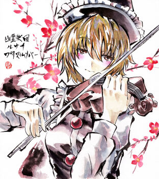 Rule 34 | 1girl, black hat, black vest, blush, breasts, brown hair, character name, commentary, commentary request, flower, frilled hat, frills, hair between eyes, hat, highres, instrument, kabaji, long sleeves, lunasa prismriver, music, playing instrument, red flower, shikishi, shirt, short hair, small breasts, solo, touhou, traditional media, translation request, upper body, vest, violin, white shirt