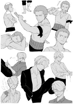 2boys absurdres bathing cigarette collared_shirt commentary_request curly_hair drunk flower glasses greyscale highres holding holding_flower iqracha jacket male_focus monochrome multiple_boys multiple_views one_piece open_mouth peeling roronoa_zoro sanji_(one_piece) shirt short_hair sideburns sleeping smoking wringing_clothes