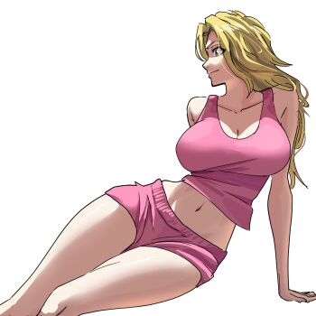bleach blonde_hair breasts cleavage commentary highres long_hair looking_to_the_side matsumoto_rangiku navel pink_shorts pink_tank_top ririvart shiny_skin short_shorts shorts strawberry_blonde tank_top