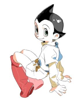 Rule 34 | 1boy, atom (tetsuwan atom), black hair, boots, closed mouth, collared shirt, crew neck, eyelashes, full body, grey eyes, hiroyukiiii1, layered clothes, layered sleeves, long sleeves, looking back, male focus, shirt, short over long sleeves, short sleeves, shorts, simple background, smile, solo, tetsuwan atom, white background, white shirt, yellow shirt