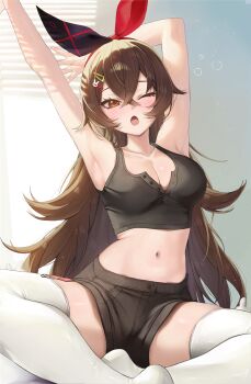 1girl amber_(genshin_impact) armpits arms_up black_shirt black_shorts blush breasts brown_eyes brown_hair cleavage commentary commission crossed_bangs english_commentary genshin_impact hair_between_eyes highres indian_style indoors long_hair medium_breasts navel one_eye_closed open_mouth shirt shorts sitting solo squeans stomach stretching thighhighs vitaminechan white_thighhighs