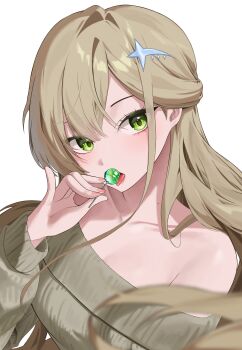 1girl absurdres bare_shoulders blonde_hair candy collarbone fingernails food gani1127 green_eyes green_sweater hair_between_eyes hand_up highres holding holding_candy holding_food holding_lollipop light_blush lollipop long_hair looking_at_viewer mole mole_on_neck nail_polish off-shoulder_sweater off_shoulder original pink_nails simple_background solo sweater tongue tongue_out upper_body white_background