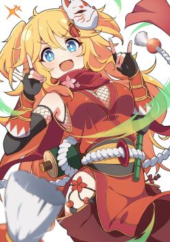 Rule 34 | 1girl, black gloves, blonde hair, blue eyes, blurry, breasts, bright pupils, clothing cutout, commentary request, depth of field, double fox shadow puppet, ebian (ebiangames), elbow gloves, fingerless gloves, fishnets, fox mask, fox shadow puppet, gloves, highres, hip vent, japanese clothes, kimono, large breasts, long hair, looking at viewer, mask, mask on head, ninja, ninon (oedo) (princess connect!), ninon (princess connect!), open mouth, pelvic curtain, princess connect!, red scarf, rope, scarf, scroll, shimenawa, sleeveless, sleeveless kimono, smile, solo, sparkle, two side up, white background, white pupils