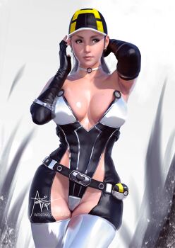 1girl artnip bare_shoulders baseball_cap belt bow breasts brown_eyes buckle choker cleavage contrapposto earrings elbow_gloves female_focus fingerless_gloves gloves hat heart heart-shaped_buckle jewelry large_breasts lips looking_to_the_side loose_belt nintendo no_bra nose o-ring o-ring_choker poke_ball pokemon realistic revealing_clothes solo standing strapless thighhighs ultra_ball watermark web_address white_choker white_thighhighs