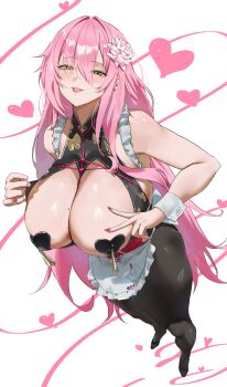 1girl absurdres apron black_pantyhose blush breasts full_body goddess_of_victory:_nikke green_eyes hair_between_eyes heart heart_pasties highres huge_breasts long_hair looking_at_viewer maid maid_apron mole mole_on_breast mole_under_eye pantyhose pasties pink_hair sidelocks solo tabulagami velvet_(nikke) very_long_hair