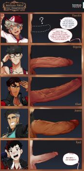 5boys ? absurdres antonio_satou bara blue_background chase_van_redfor_(fairytale_police_hoe_department) dotted_line english_text erection fairytale_police_hoe_department father_and_son gepetto_ardalos girthy_penis highres idoraad large_penis looking_at_viewer male_focus mole mole_on_penis multiple_boys no_penis penis penis_chart penis_size_difference pinocchio_ardalos pubic_hair shinzo_ryuji smile uncensored veins veiny_penis