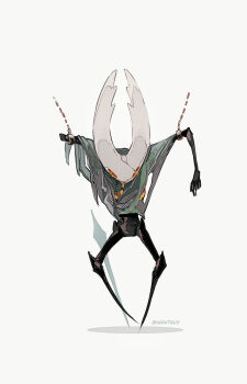 1other amputee artist_name chain chained check_commentary chinese_commentary commentary_request film_grain full_body grey_cloak halftone hanging highres hightguy hollow_knight hollow_knight_(character) horns liquid nail_(hollow_knight) orange_eyes other_focus shadow simple_background solo standing weapon white_background