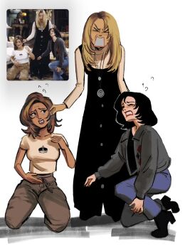 &gt;_&lt; animification closed_eyes derivative_work dress flandrepudding friends_(tv_series) grabbing_another&#039;s_ear hand_on_another&#039;s_ear highres jewelry kneeling long_dress monica_geller necklace on_one_knee open_mouth phoebe_buffay rachel_green red_lips screenshot_redraw shirt t-shirt tan