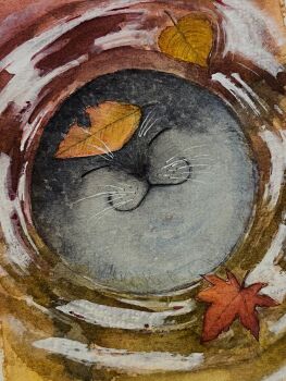 animal animal_focus autumn azarashinoshippo closed_eyes from_above highres leaf leaf_on_head maple_leaf oak_leaf original ripples seal_(animal) traditional_media water whiskers