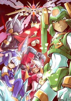 1girl 4boys android black_eyes blue_eyes bodysuit capcom copy_x_(mega_man) facial_mark fighting_fefnir_(mega_man) flying gloves green_eyes grin sage_harpuia_(mega_man) helmet highres holding holding_weapon ice fairy_leviathan_(mega_man) mechanical_wings mega_man_(series) mega_man_zero_(series) multiple_boys hidden_phantom_(mega_man) polearm red_background red_eyes serious sitting smile standing weapon white_gloves wings zelitto