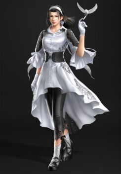 1girl 3d absurdres bird black_hair black_pants brown_eyes dress full_body gloves hairband highres kazama_jun looking_at_viewer medium_hair namco non-web_source official_art pants smile solo standing tekken tekken_2 tekken_8 tekken_tag_tournament tekken_tag_tournament_2 white_dress white_gloves white_hairband