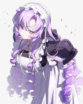 1girl adjusting_apron apron asymmetrical_bangs black_gloves breasts chest_tattoo closed_mouth dangdidangdi drill_hair frilled_apron frills gloves hashtag-only_commentary highres hyakumantenbara_salome hyakumantenbara_salome_(4th_costume) juliet_sleeves large_breasts leaning_forward long_hair long_sleeves maid maid_apron maid_headdress nijisanji puffy_sleeves purple_eyes purple_hair simple_background solo sparkle sweatdrop tattoo very_long_hair virtual_youtuber white_apron white_background